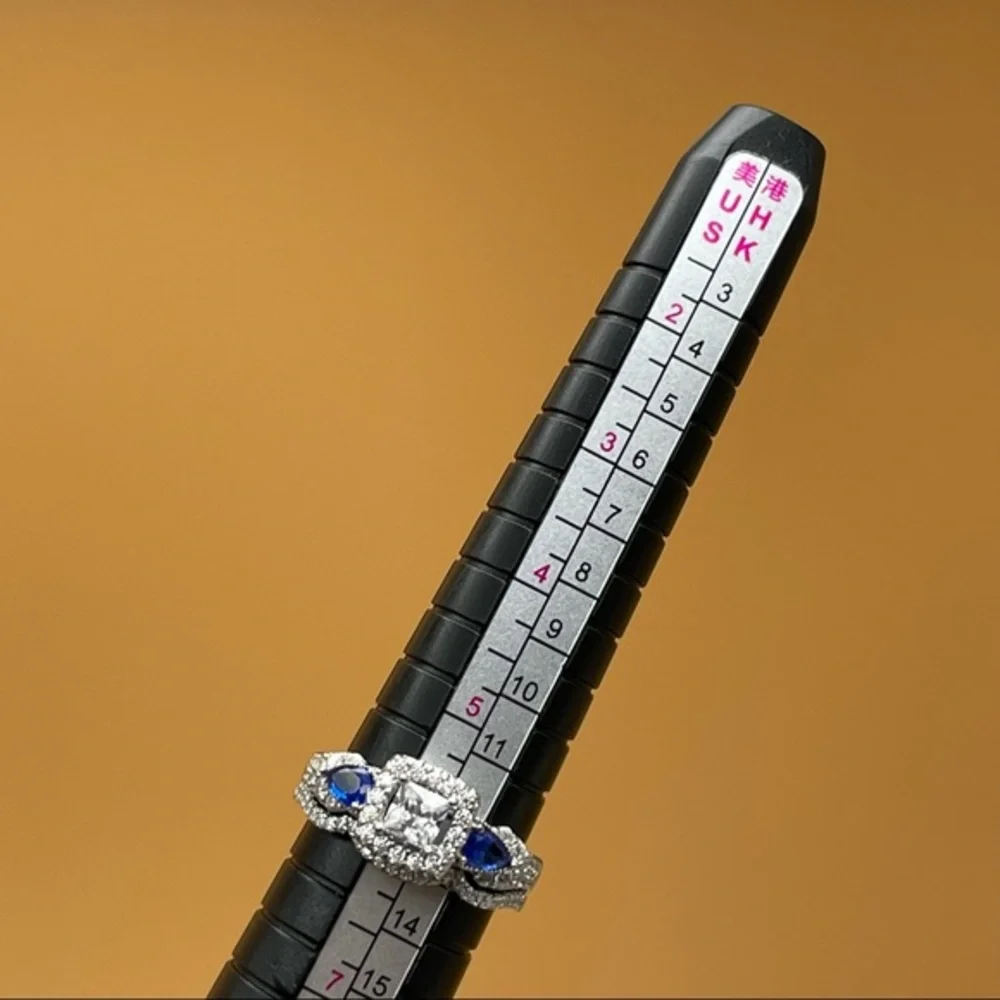 925 Sterling Silver‎ Diamond Sapphire 2 Band Wedding Bridal Engagement Ri…
